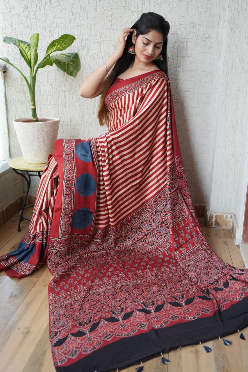 Pure Ajrakh Print Modal Silk Saree