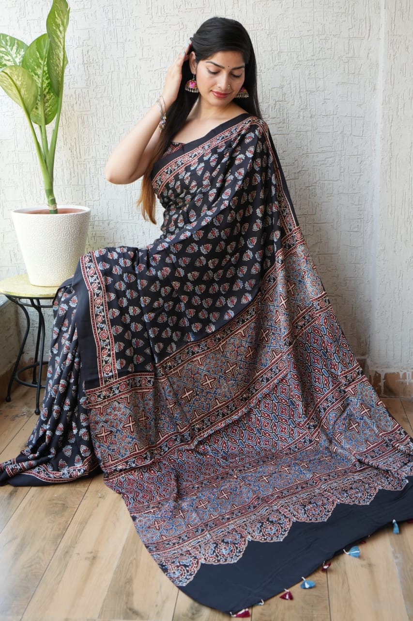 Pure Ajrakh Print Modal Silk Saree