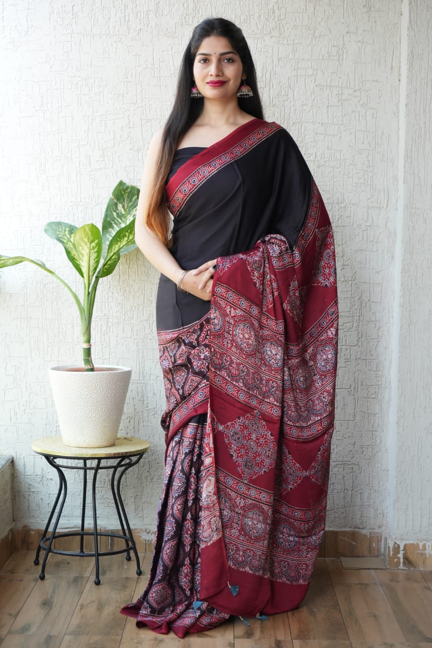 Pure Ajrakh Print Modal Silk Saree