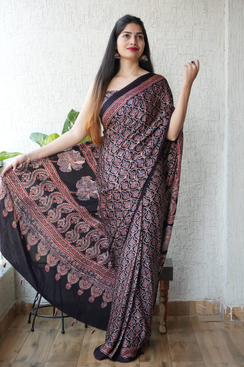 Pure Ajrakh Print Modal Silk Saree
