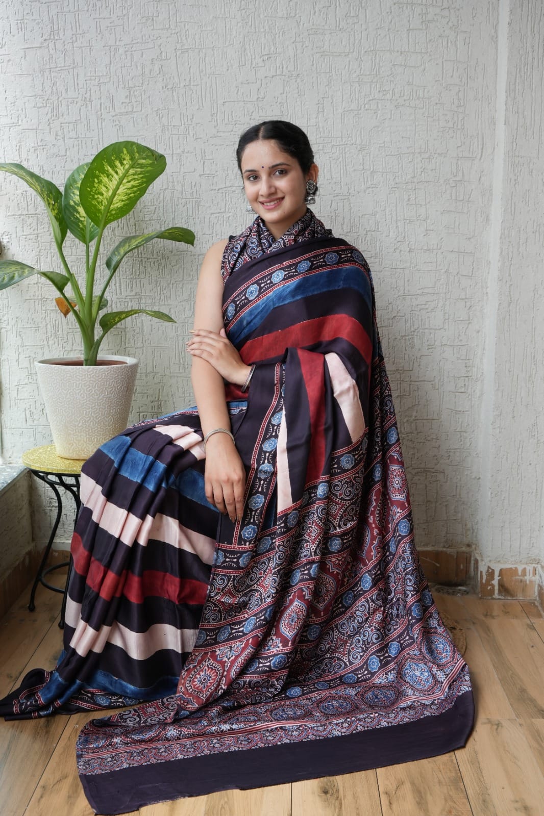Pure Ajrakh Print Modal Silk Saree